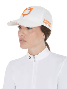 White baseball cap with orange Equestro logo